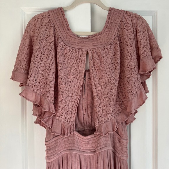 Free People Dusty Pink Cottagecore Boho Ruffle Tiered Maxi Dress Size L - Picture 13 of 15